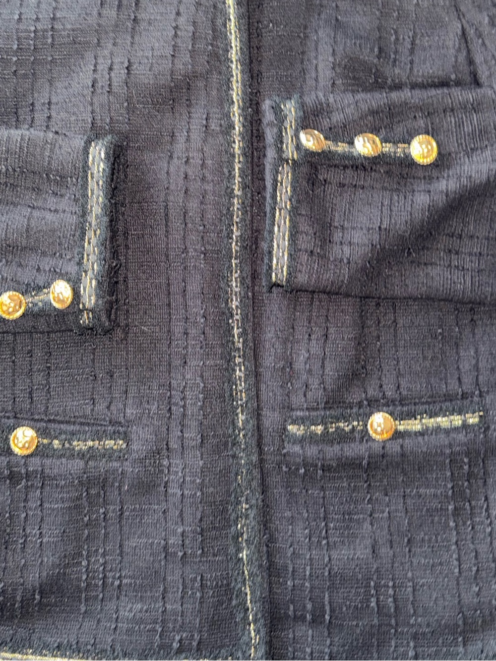 Adrianna Papell Black Tweed Boucle Blazer Gold Trim Collarless Jacket Size M - Picture 9 of 11